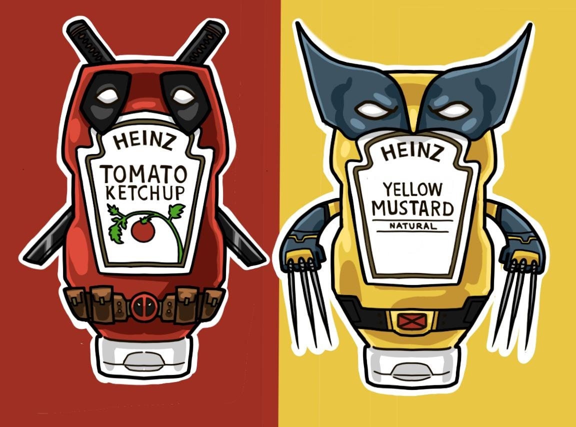 Deadpool and Wolverine as ketchup and mustard bottle stickers