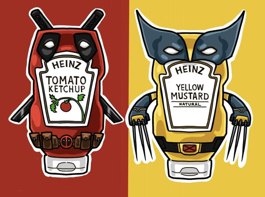 Deadpool and Wolverine as ketchup and mustard bottle stickers